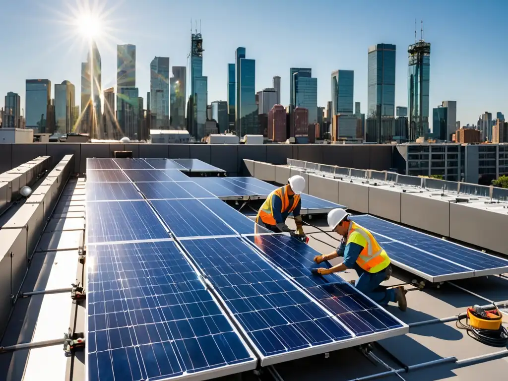 Instalación de paneles solares en la azotea de la ciudad, trabajadores inspeccionando