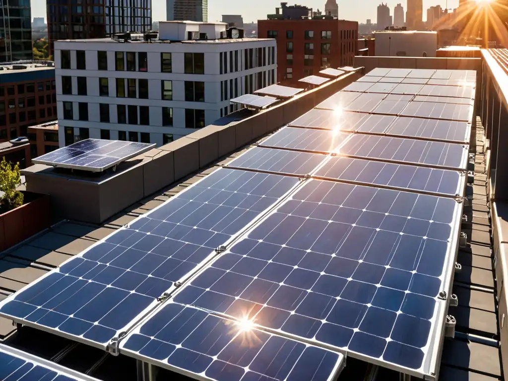 Instalación de paneles solares en la azotea con tecnología avanzada, integrando innovación energía solar en paisaje urbano