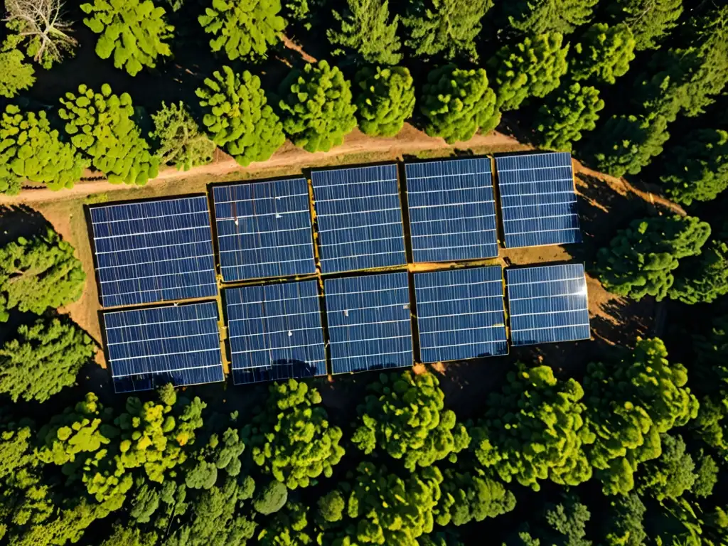 Instalación de paneles solares en un bosque frondoso, contrastando con la naturaleza