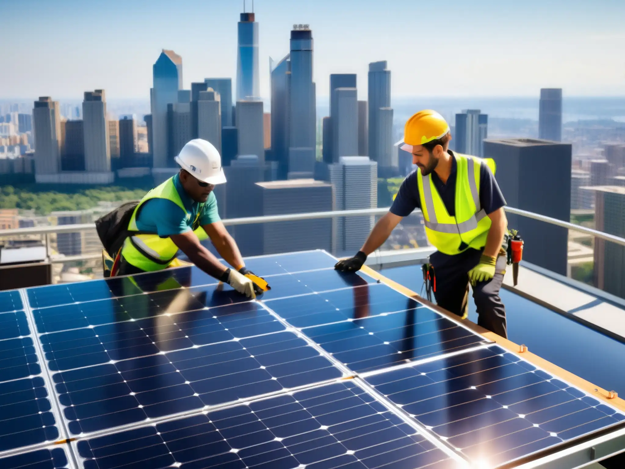 Instalación de paneles solares en la ciudad, reflejando el impacto global del régimen de comercio con tecnología renovable