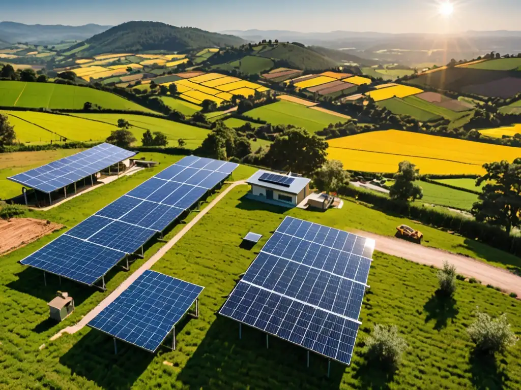 Instalación de paneles solares en comunidad rural, reflejando normativas energía solar desarrollo sostenible y armonía con la naturaleza