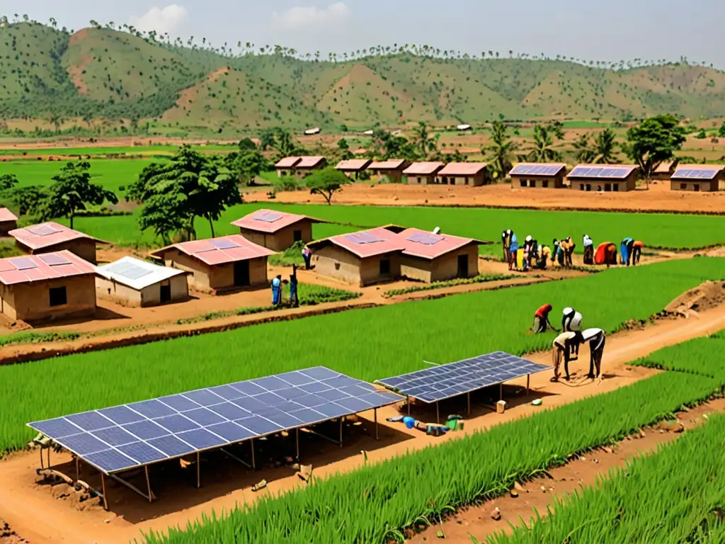 Instalación de paneles solares en comunidad rural de país en desarrollo, integrando energía renovable