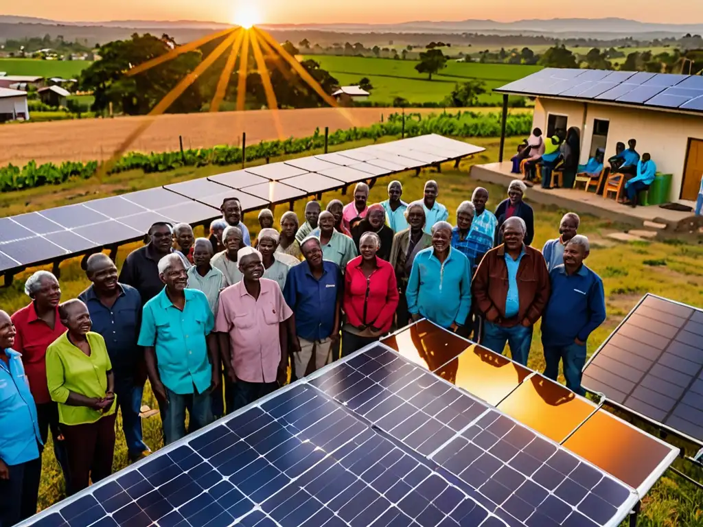 Una instalación de paneles solares detallada en una comunidad rural al atardecer, destacando la importancia de leyes energía renovable