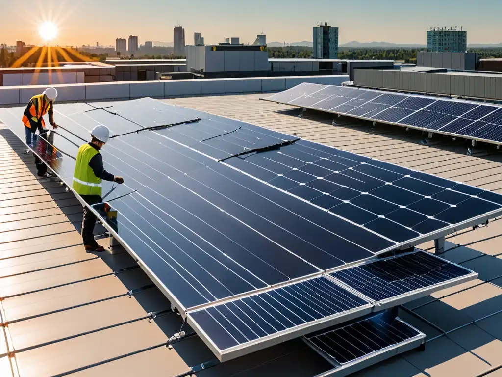 Instalación de paneles solares en un edificio moderno con técnicos inspeccionando, mostrando avances tecnológicos en energía solar