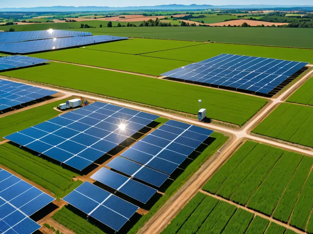 Una instalación de paneles solares en un entorno rural, con campos verdes y cielo azul