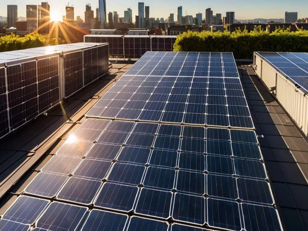 Instalación de paneles solares en un techo, bañada por la cálida luz del sol