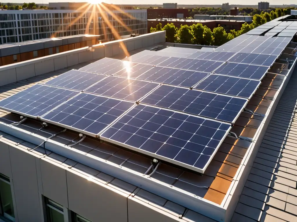 Instalación de paneles solares en tejado con detalles visibles de las celdas, integrados en diseño arquitectónico