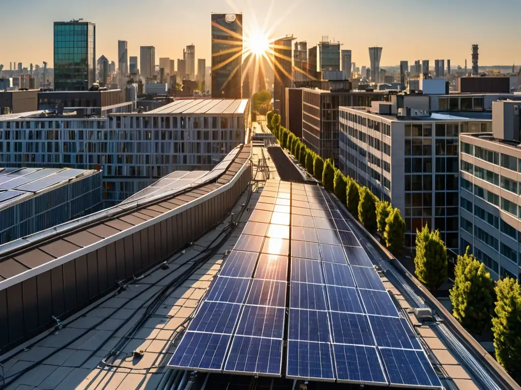 Instalación de paneles solares en tejado urbano con integración economía circular leyes energía renovable