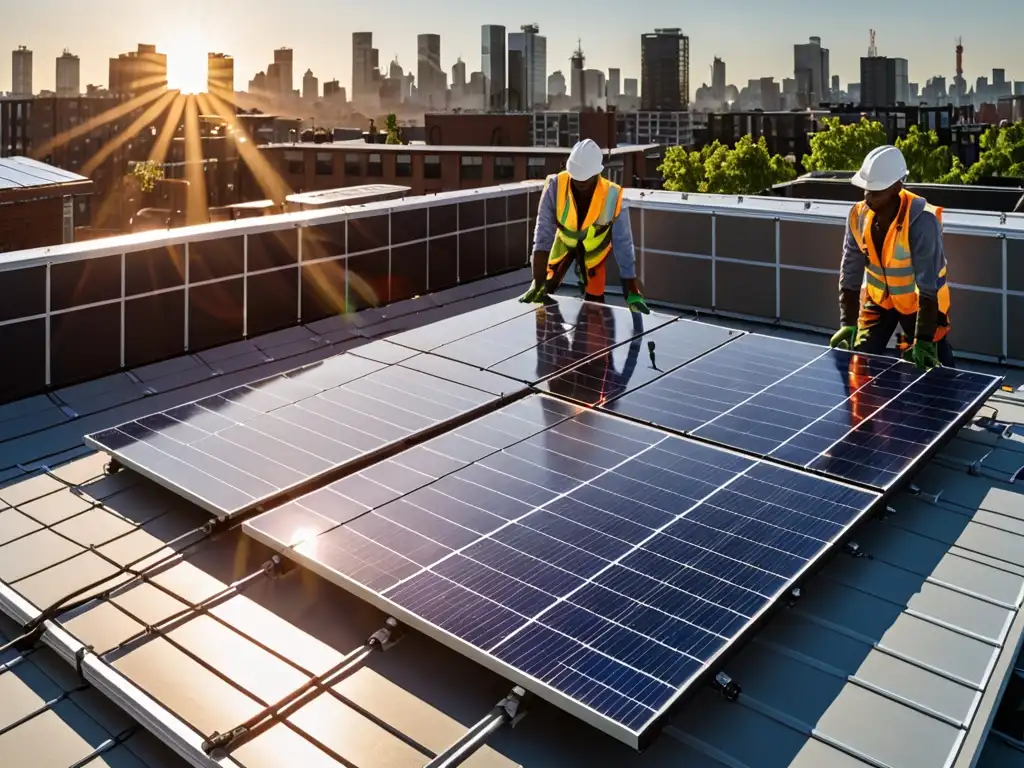 Instalación de paneles solares en tejado con trabajadores ajustando paneles bajo el cálido sol