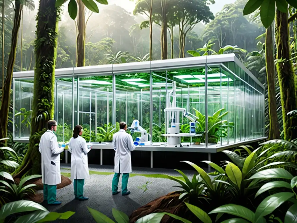 Instalación de terapia génica futurista en selva biodiversa con regulaciones ambientales