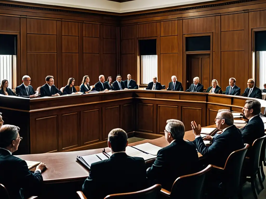 Intensa escena de abogados y jueces en un tribunal, con un abogado apasionado argumentando su caso frente a un juez