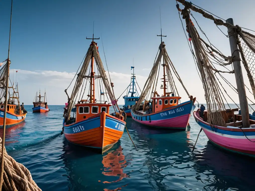 Intenso conflicto por el Derecho del Mar en una escena detallada de barcos pesqueros en aguas cristalinas