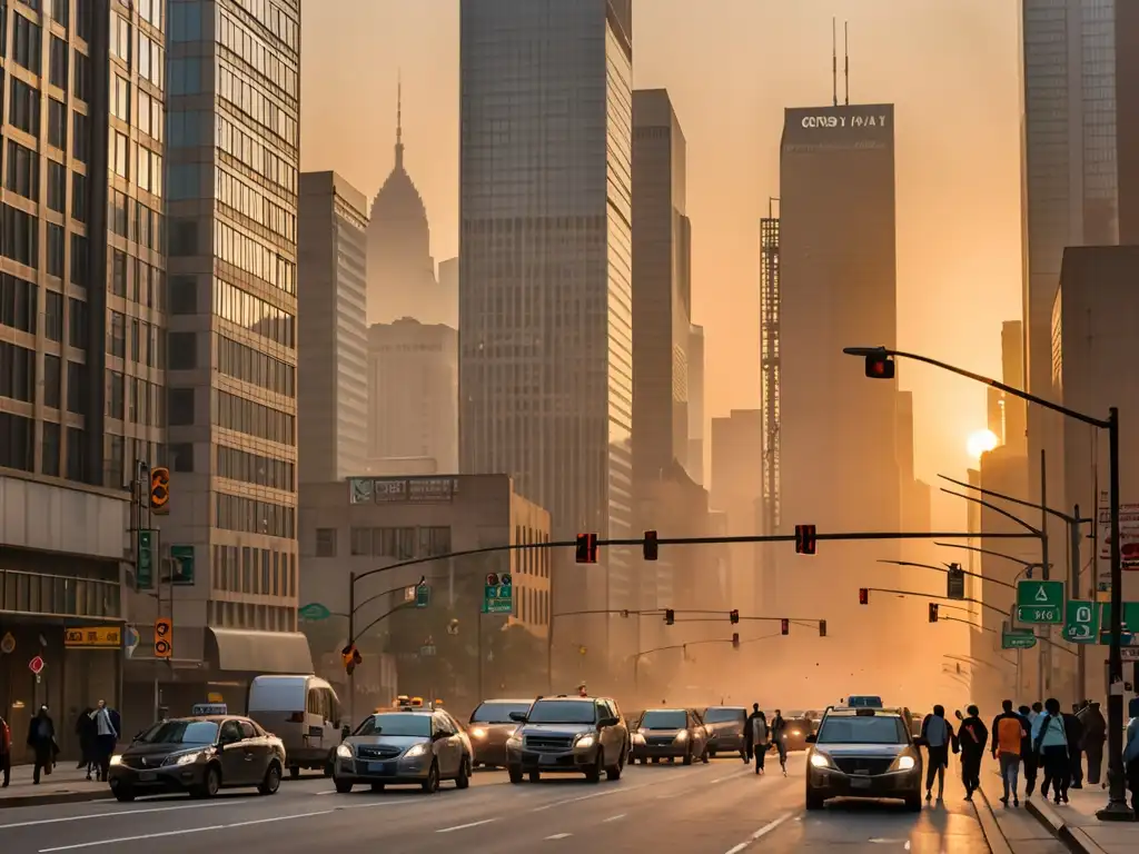 Una intersección entre comercio, medio ambiente y la OMC: ciudad contaminada, gente con mascarillas, tráfico denso y smog