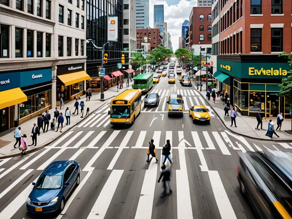 Una intersección legal con movimiento de personas y vehículos, representando la actividad comercial e industrial