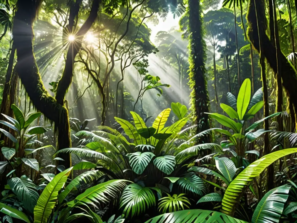 Inversiones verdes para inversores comprometidos: Una exuberante selva lluviosa llena de vida y luz, un espectáculo de belleza natural y diversidad