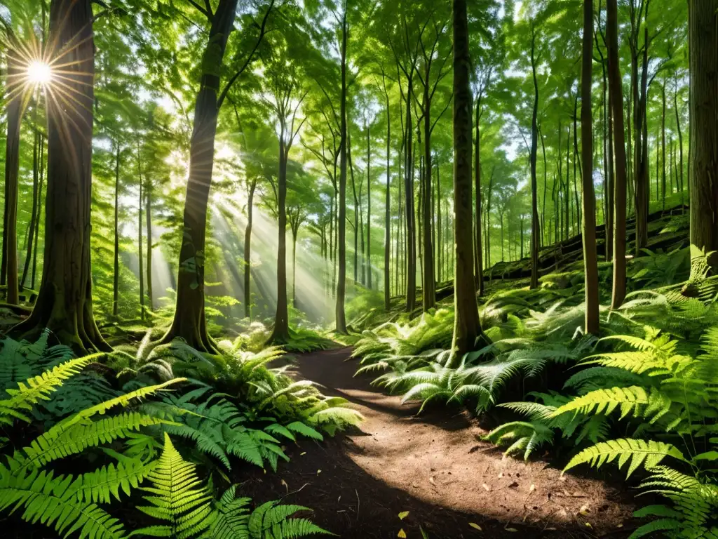 Inversiones verdes para inversores comprometidos: Panorámica de un exuberante bosque verde con rayos de sol filtrándose a través del dosel, mostrando la belleza natural y la tranquilidad de un entorno verde