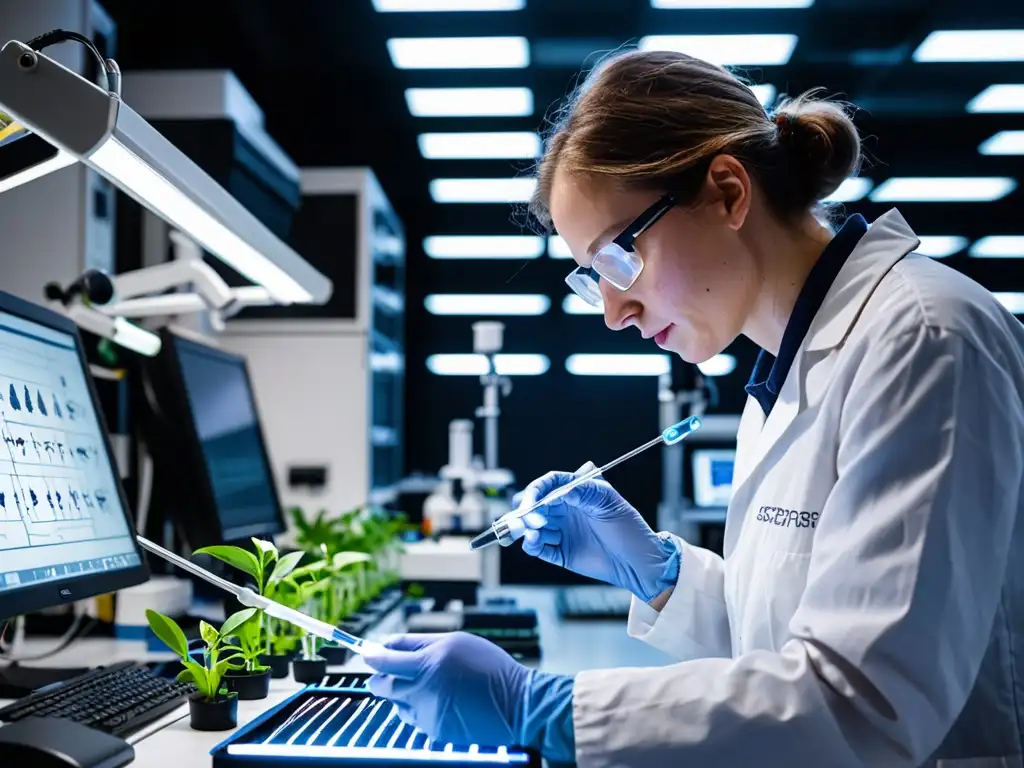 Un investigador edita con precisión genes de una planta usando la tecnología CRISPR en un laboratorio brillante y estéril