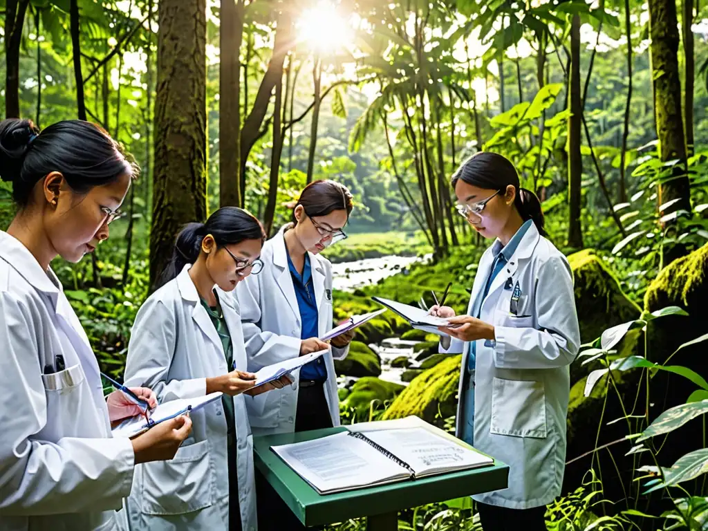 Investigadores en abrigos blancos realizan estudio de campo en un exuberante bosque