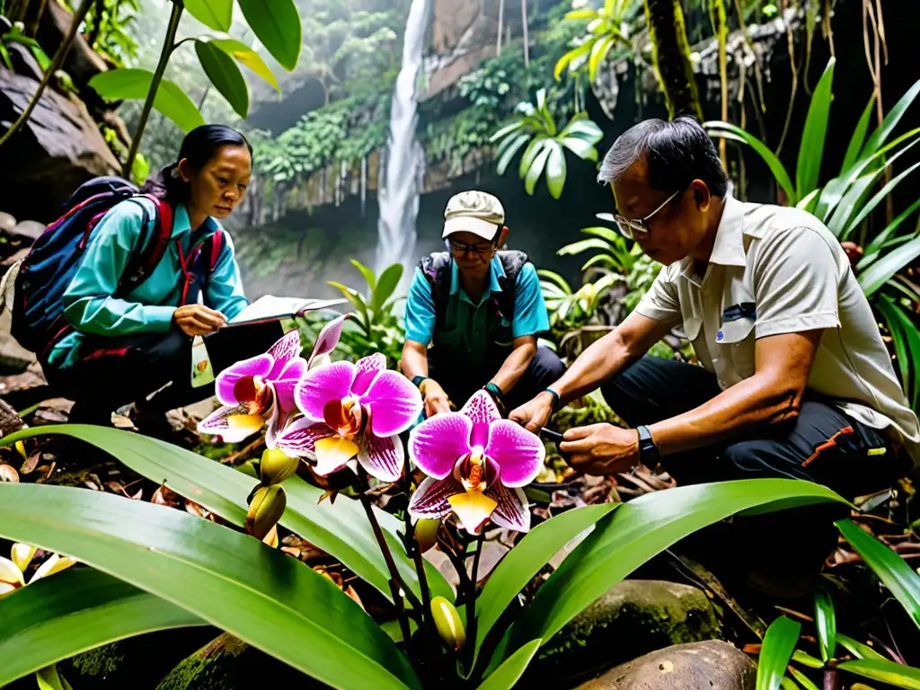 Exploración de orquídeas en selva tropical: dedicación y colaboración Investigadores y conservacionistas tailandeses y internacionales examinan una rara especie de orquídea en la exuberante selva tropical