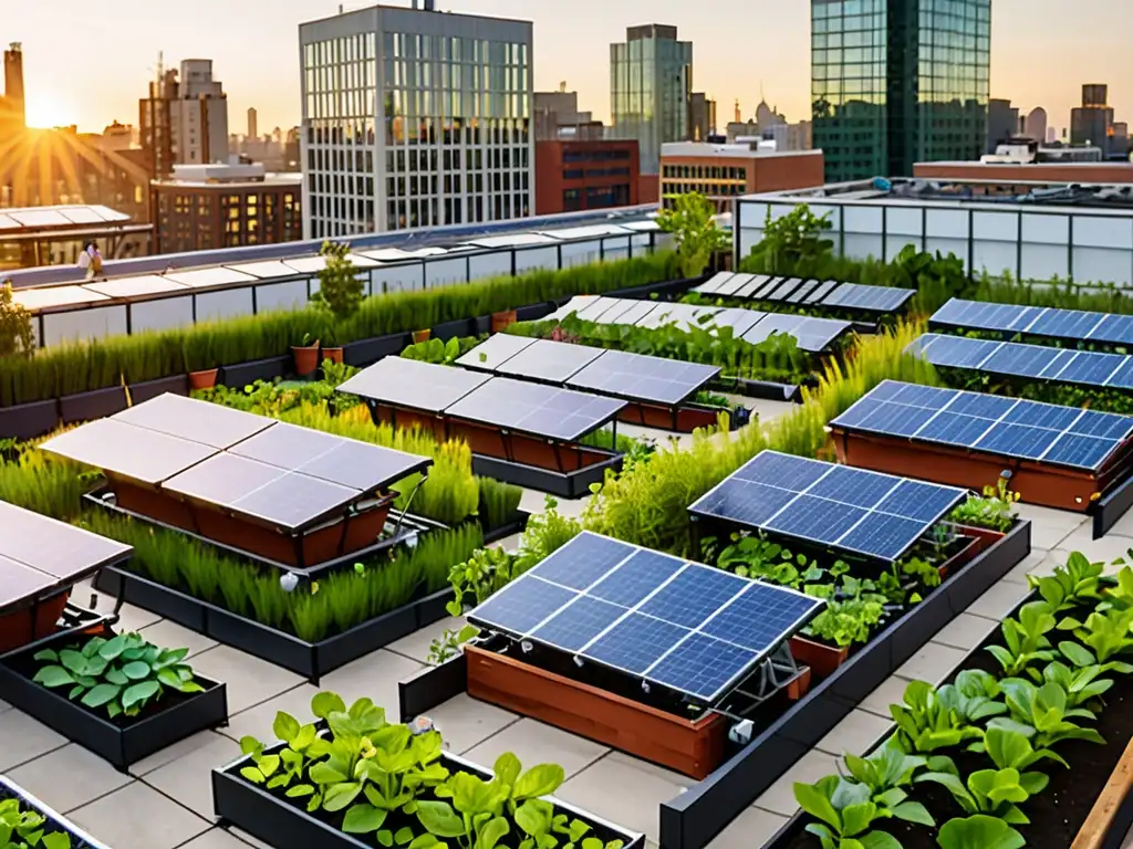 Un jardín urbano lleno de vida y profesionales colaborando en iniciativas verdes responsabilidad social corporativa al atardecer