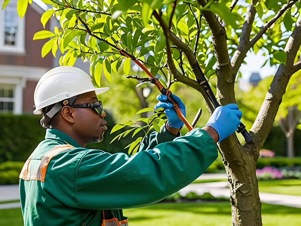 Un jardinero con equipo de protección podando un árbol en un parque, reflejando la responsabilidad legal en el mantenimiento de parques