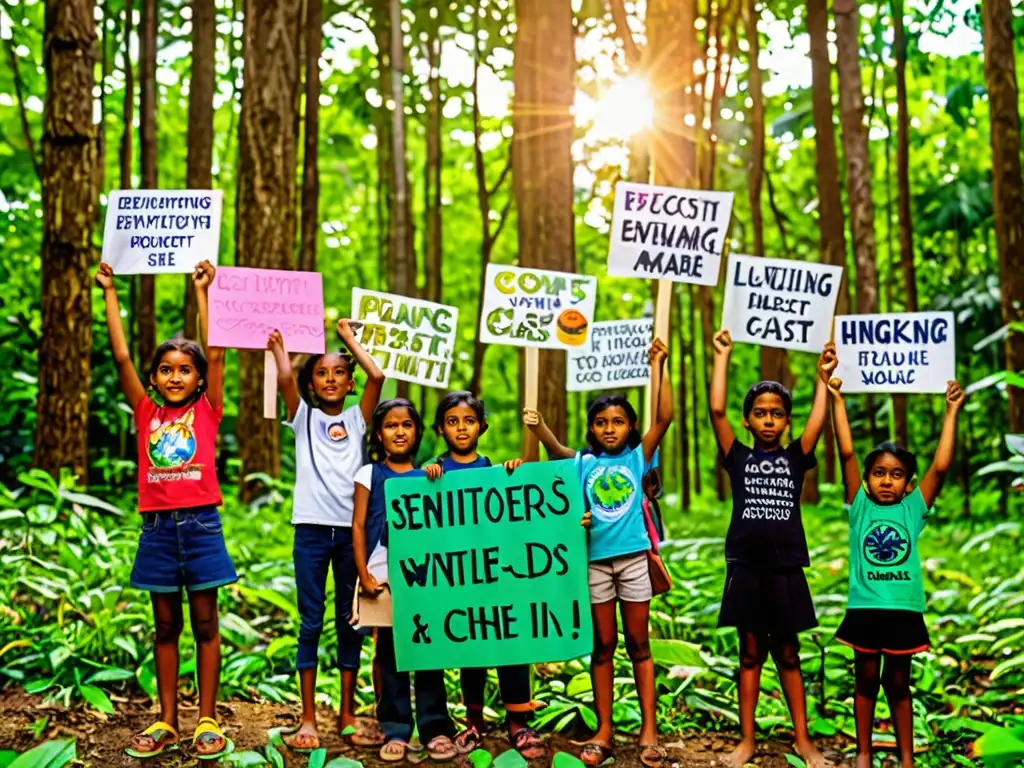 Jóvenes activistas sostienen pancartas con lemas ambientales frente a un bosque verde exuberante en un protesta pacífica, expresando determinación