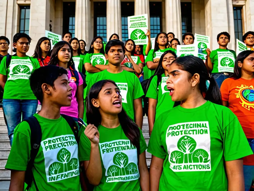 Jóvenes activistas en pasos del gobierno, expresan pasión y determinación con carteles de protección ambiental de la infancia al atardecer