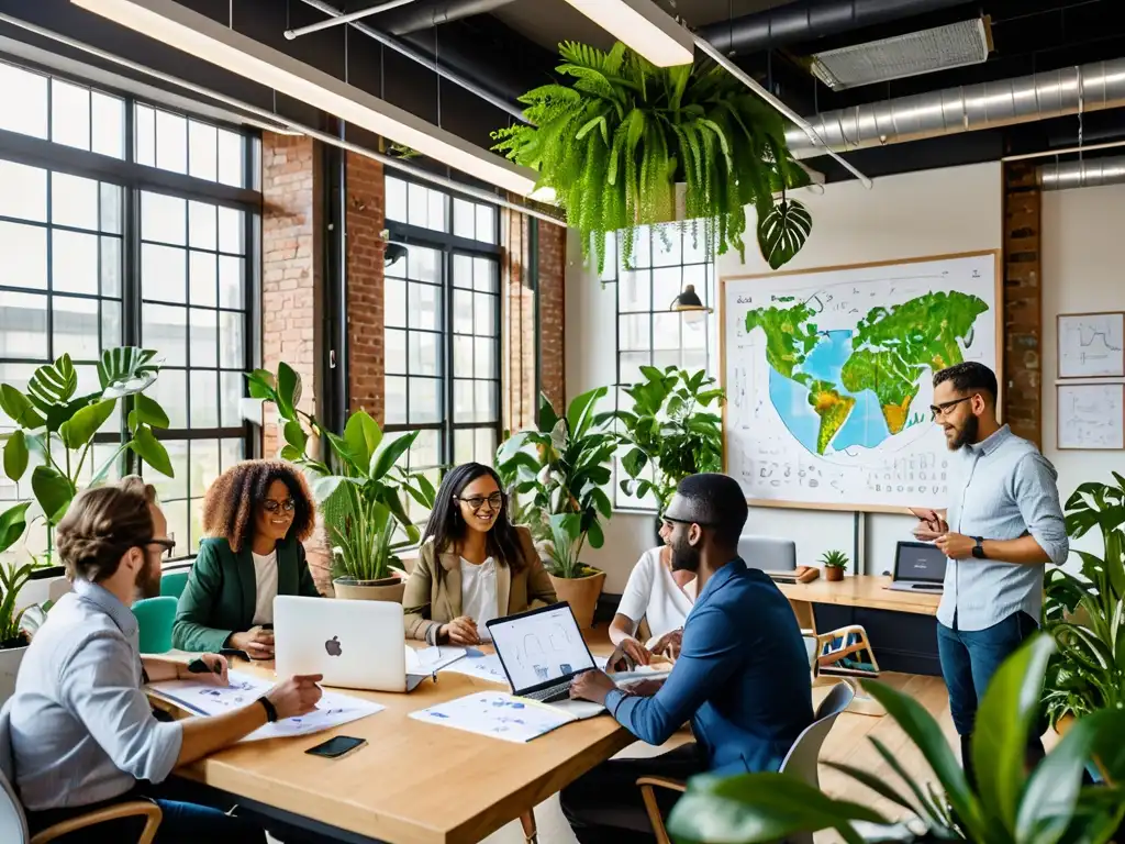 Jóvenes emprendedores colaboran en oficina ecofriendly, rodeados de plantas, con vista a paisaje biodiverso