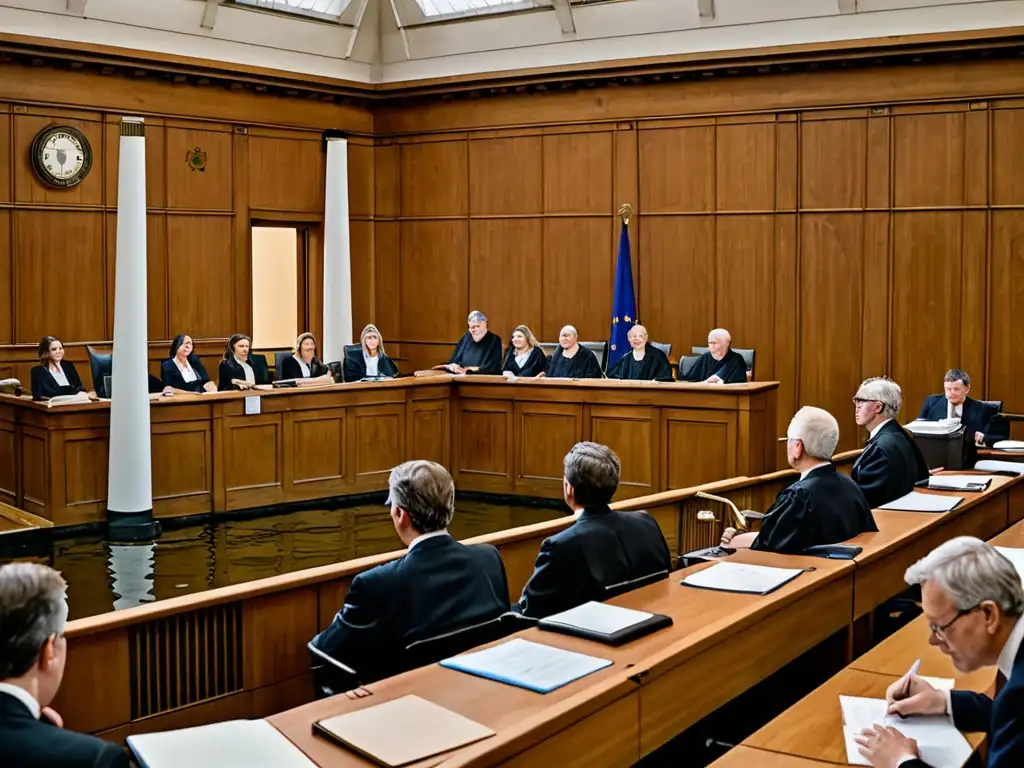 Juez presidiendo una sala de tribunal europea, con profesionales legales abordando el caso de contaminación del agua