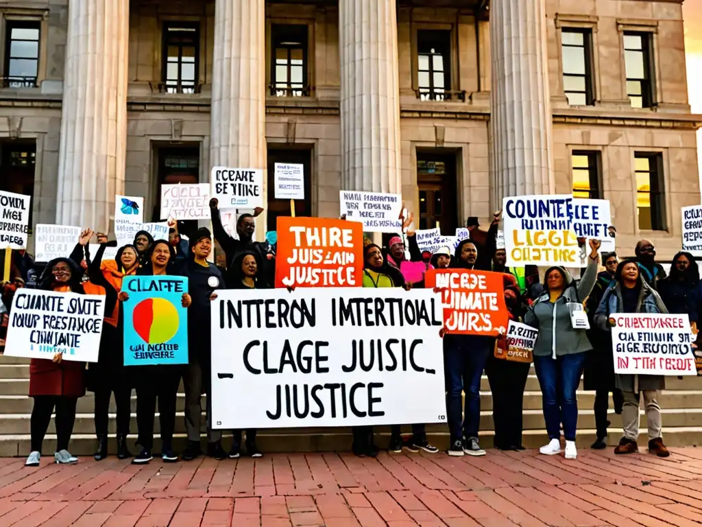 Manifestación por la justicia climática frente a la corte al atardecer, expresando determinación y esperanza