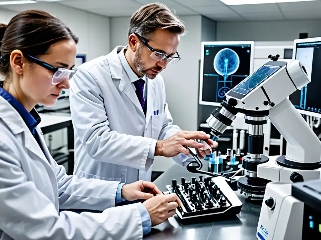 Un laboratorio de investigación con científicos en batas blancas trabajando en tecnologías limpias con equipos de vanguardia