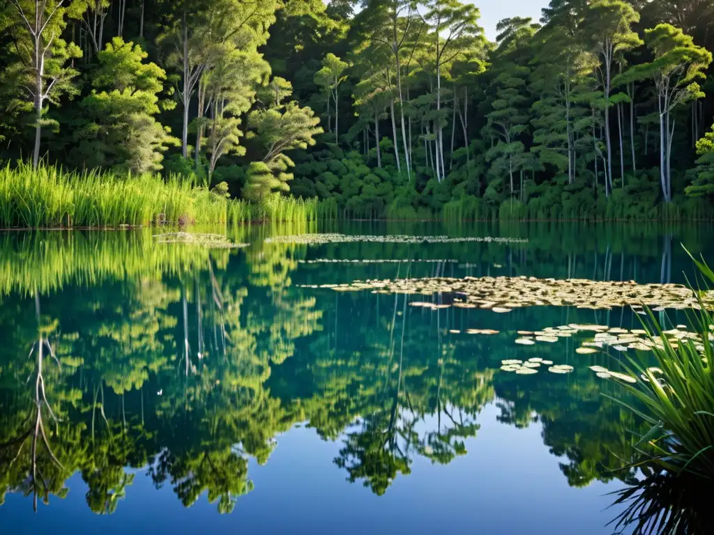 Un lago de agua dulce rodeado de exuberante vegetación, reflejando un cielo azul