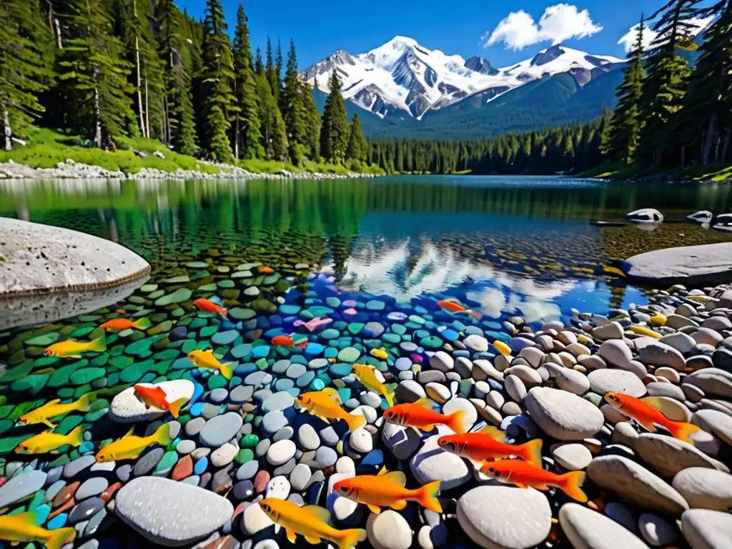 Un lago de montaña cristalino y sereno, rodeado de naturaleza virgen