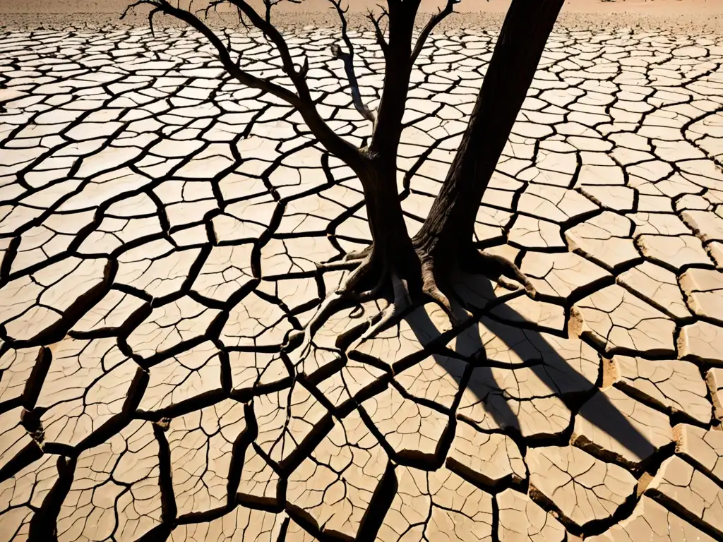 Un lecho de río agrietado y seco con tierra reseca y rocas bajo la luz del sol, resaltando la severidad de la sequía