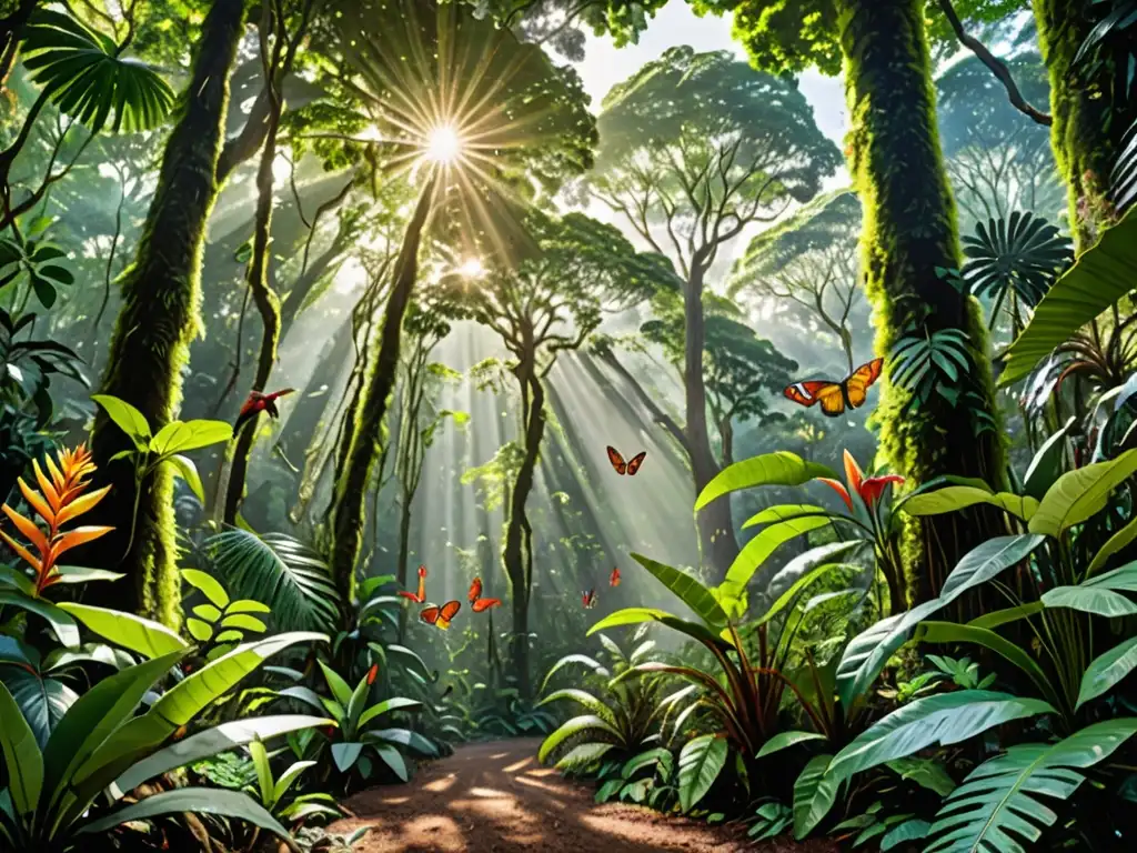 Innovación legal para conservar la biodiversidad en un exuberante y diverso bosque lluvioso, con vida silvestre y flora vibrante bajo la luz del sol