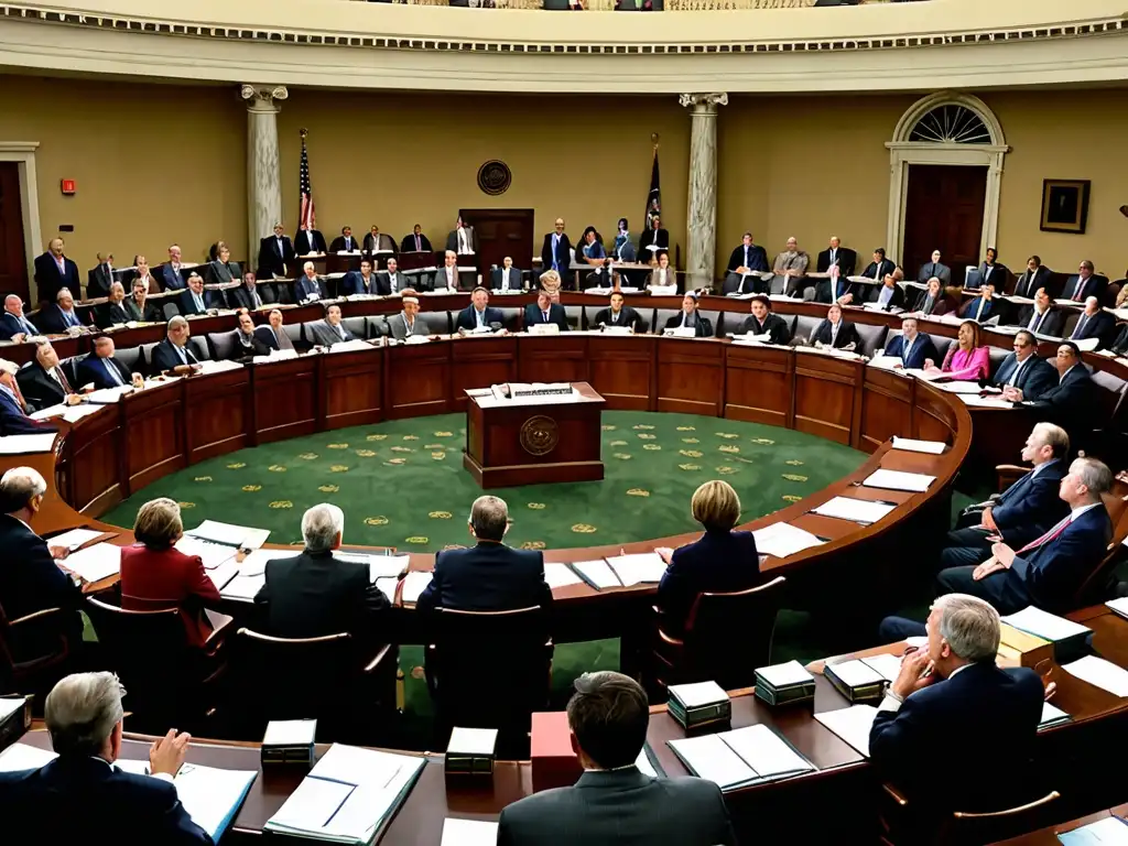 En la histórica sesión legislativa, los legisladores debaten sobre la educación ambiental, en un ambiente tenue y dramático