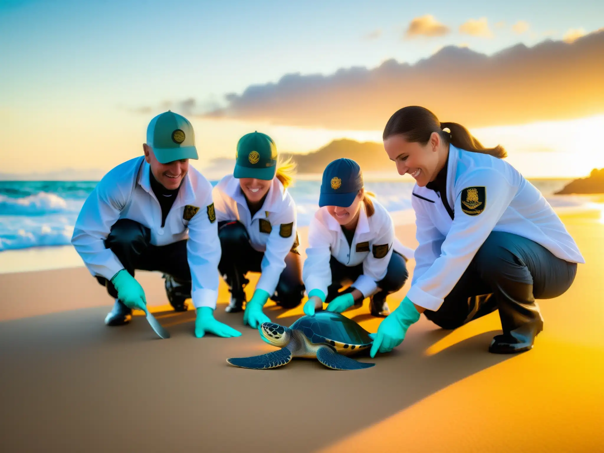 Aplicación de leyes de conservación marina: Equipo liberando crías de tortugas marinas al amanecer, en un acto dedicado de conservación