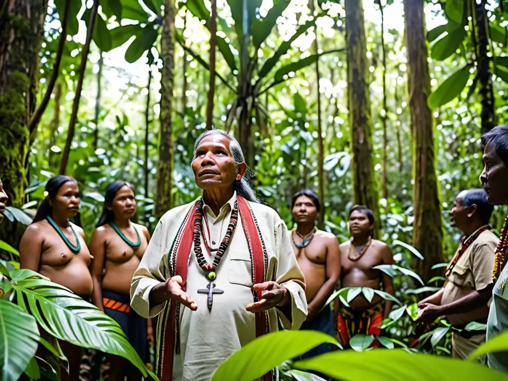 Un líder indígena muestra gestión territorial liderazgo autoridades indígenas entre exuberante biodiversidad y comunidad unida