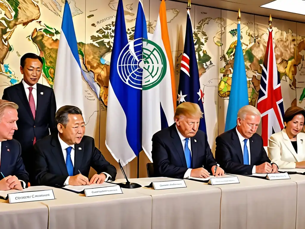 Conferencia mundial de líderes firmando acuerdo sobre Ética en legislación cambio climático, expresando determinación y esperanza