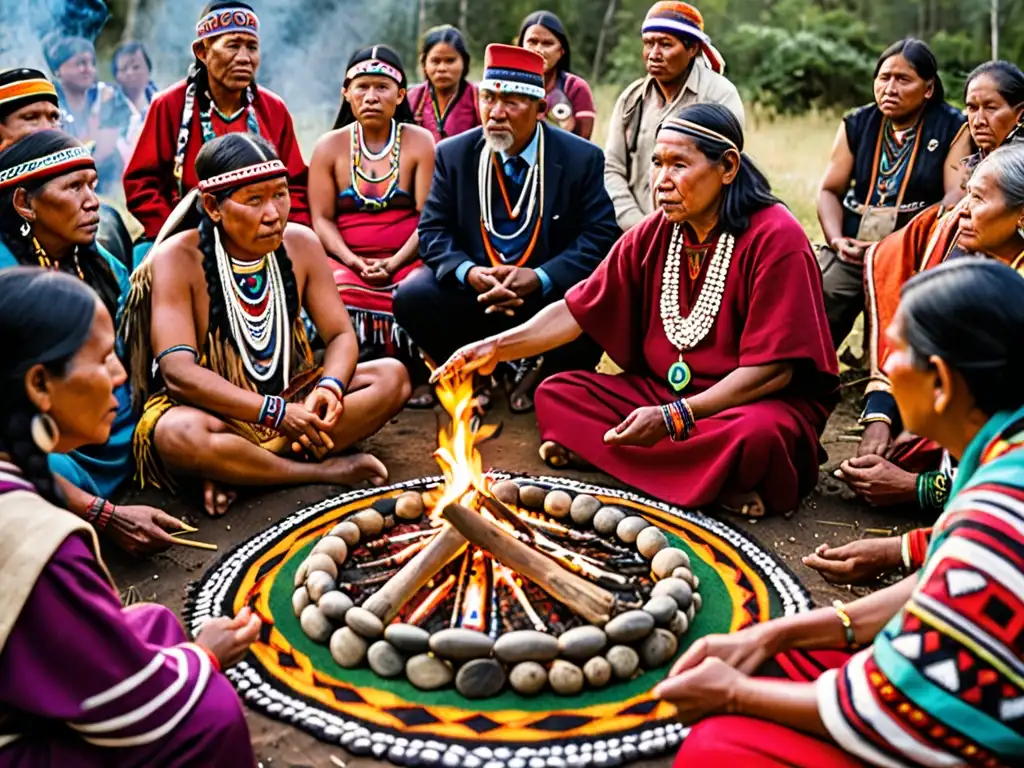 Líderes indígenas y activistas en ceremonia, con cosmovisión indígena, discuten políticas de conservación ambiental