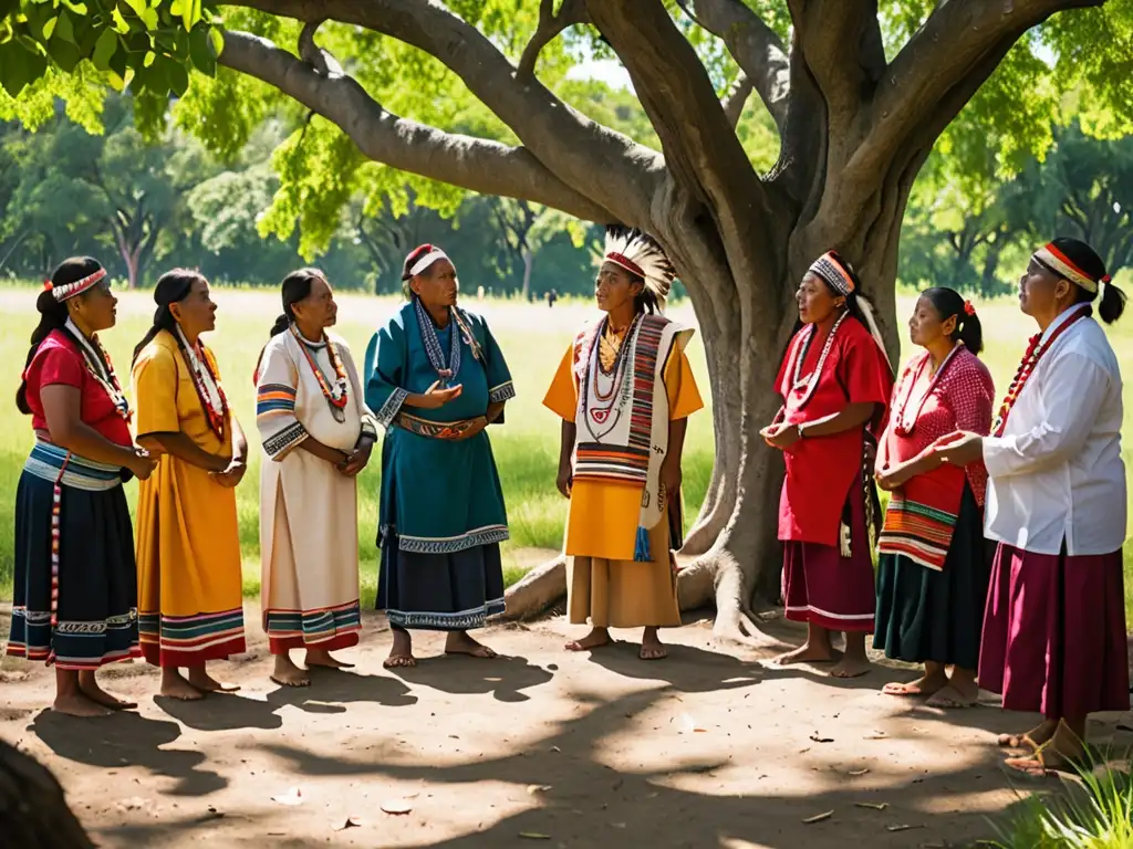 Líderes indígenas en diálogo bajo un árbol, vistiendo trajes tradicionales, transmitiendo unidad y propósito en un entorno natural