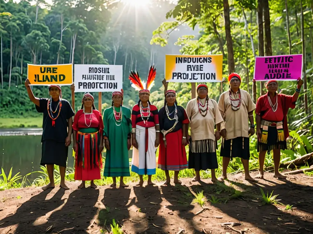 Líderes indígenas defienden su territorio en litigio ambiental, rodeados de naturaleza exuberante y determinación