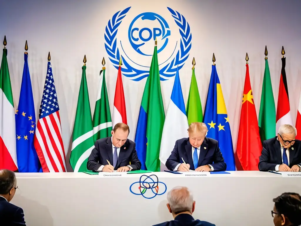 Líderes mundiales firmando el acuerdo de la COP26, mostrando intensidad y determinación en sus rostros