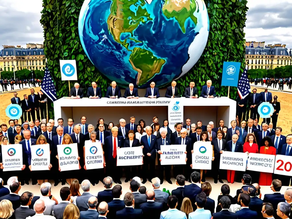 Líderes mundiales firmando Acuerdos internacionales lucha cambio climático, rodeados de activistas por el clima