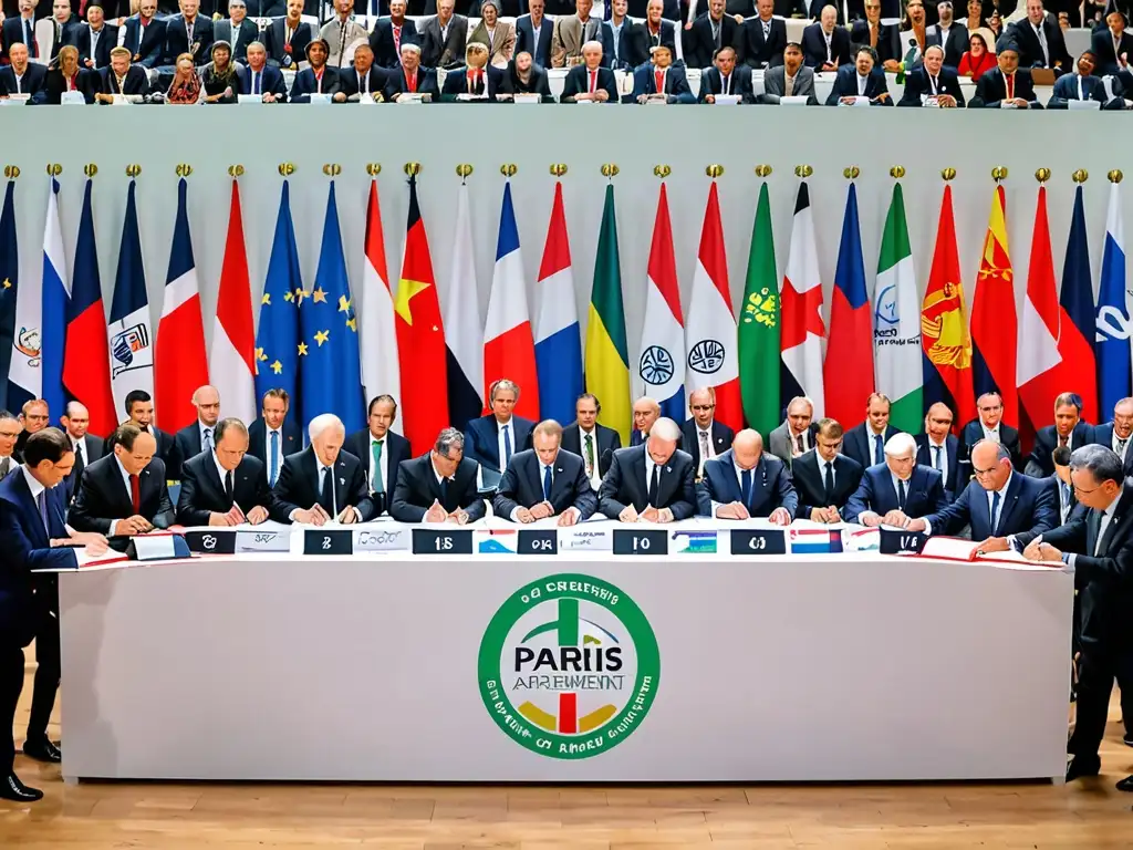 Líderes mundiales firmando Acuerdos internacionales lucha cambio climático, en una sala llena de delegados de diferentes países