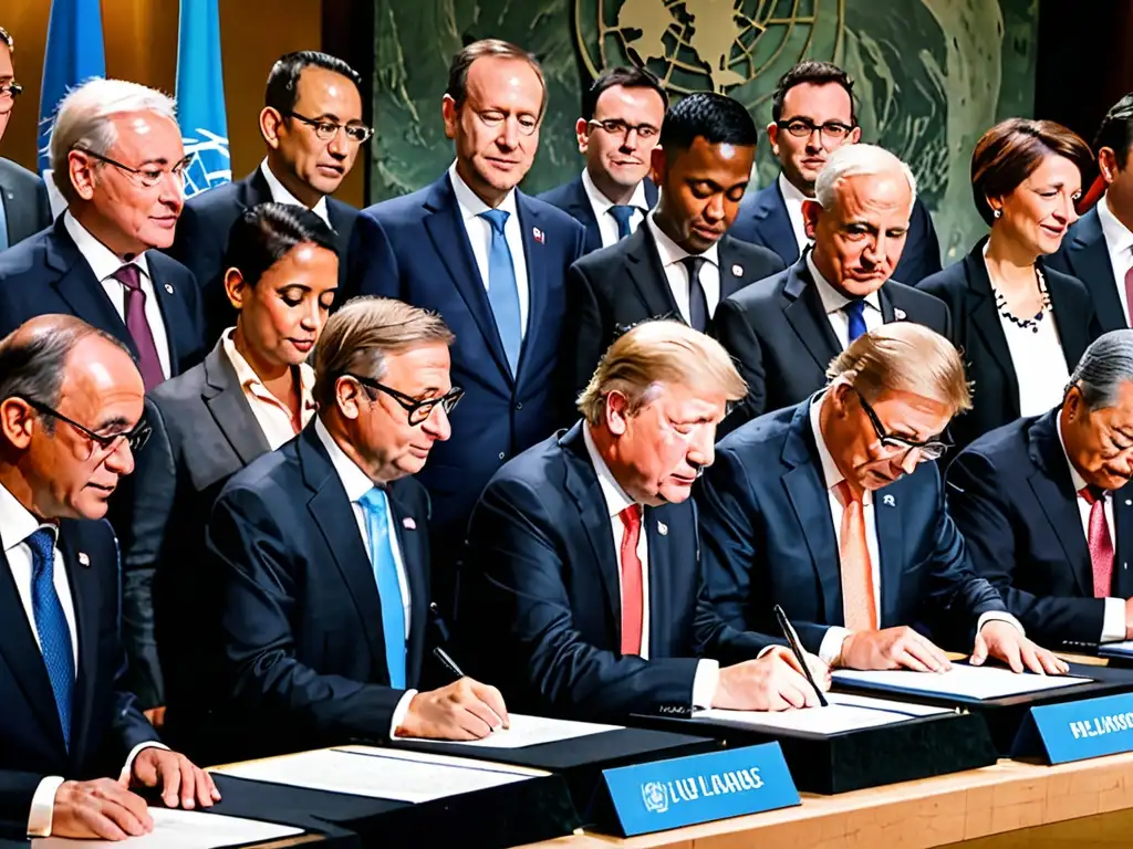 Líderes mundiales firmando el Compromiso climático Acuerdo de París en la ONU, con la Torre Eiffel al fondo