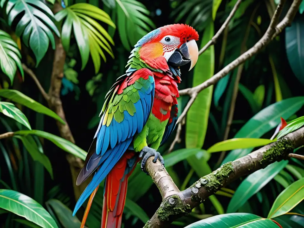 Un loro colorido posado en una rama, rodeado de exuberante follaje