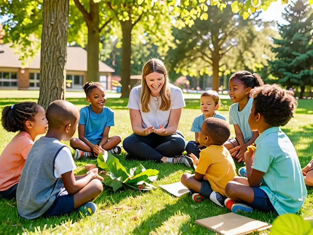 Maestra enseña derecho ambiental en educación sostenible a niños curiosos en círculo al aire libre, rodeados de naturaleza y sol cálido