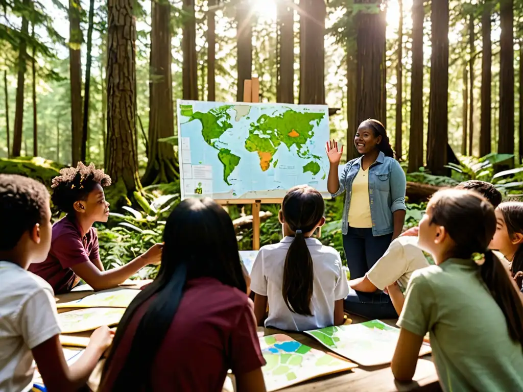 Maestra enseña a estudiantes sobre la importancia de la educación ambiental en un aula al aire libre en un bosque exuberante