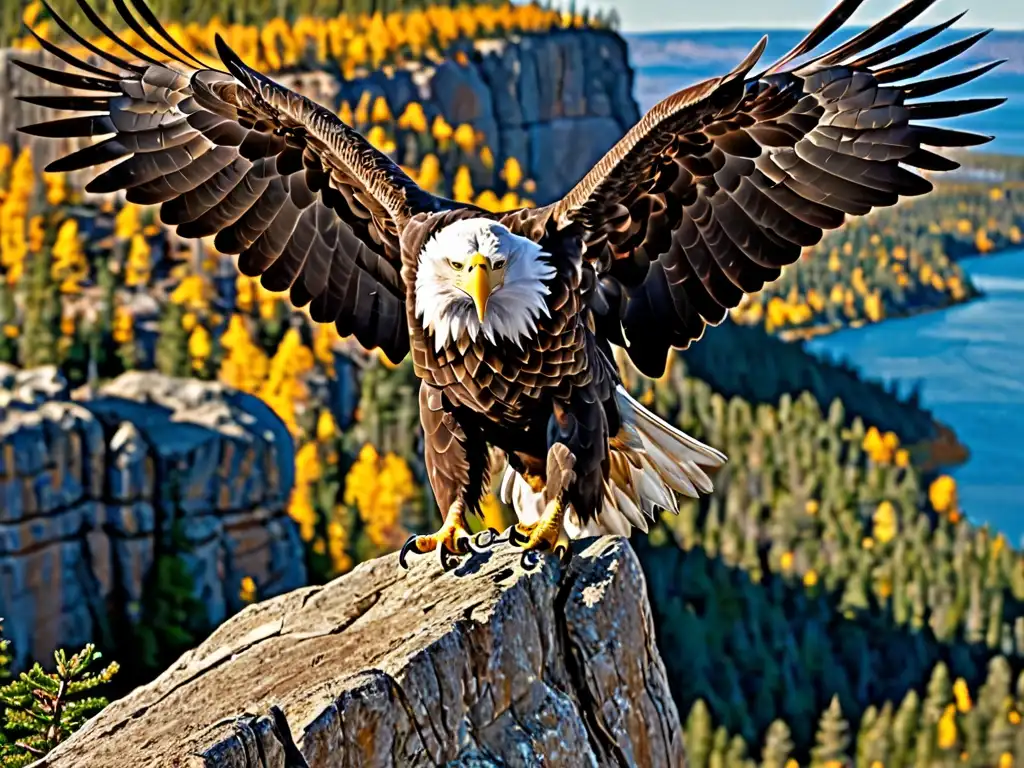 Un águila calva majestuosa en un acantilado, con sus ojos penetrantes en la fauna de América del Norte, evocando protección de la fauna en América